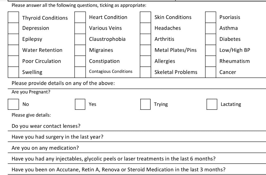 Beauty Consultation Form Medical Questions